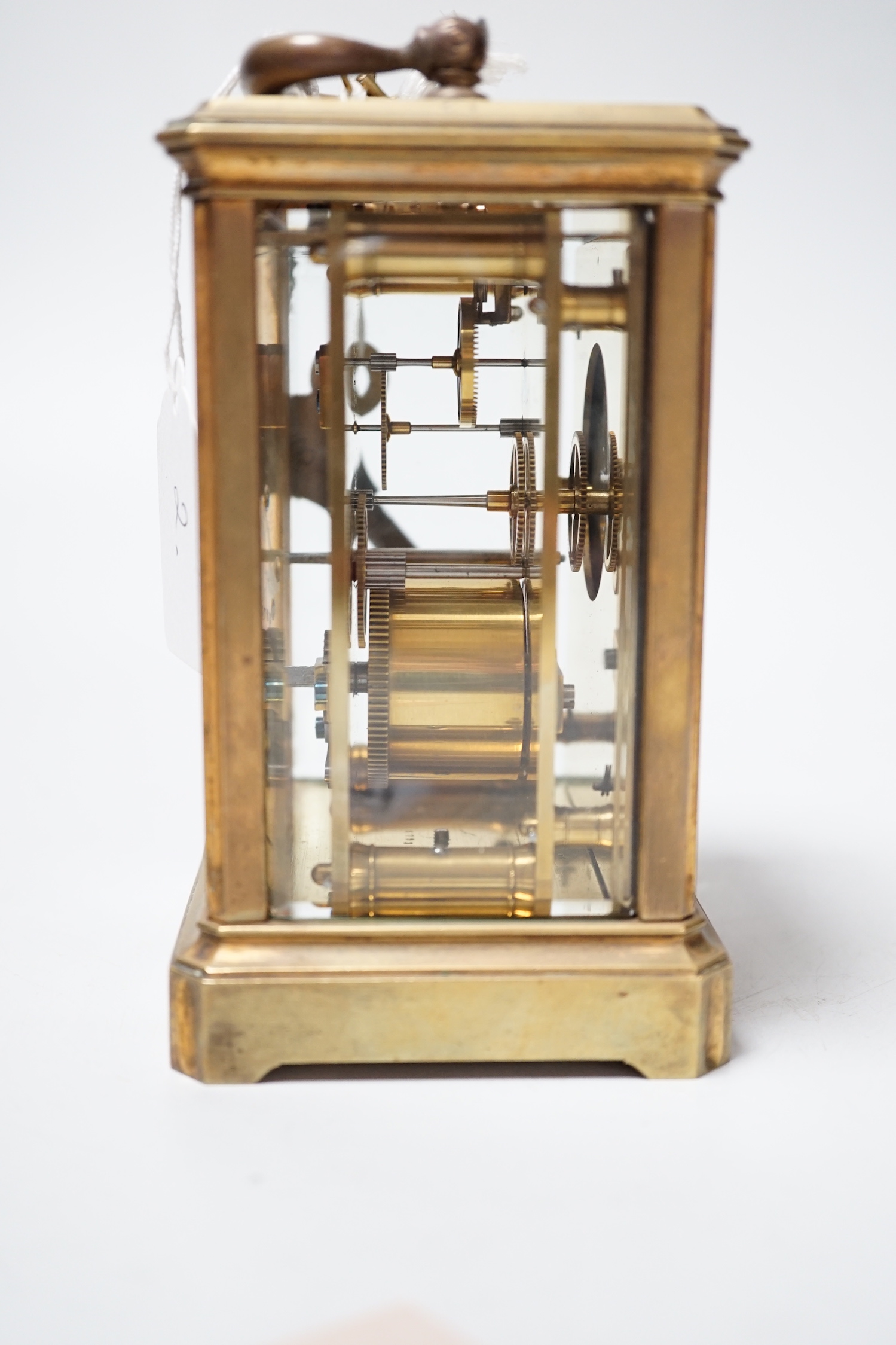 A French brass carriage timepiece, 16.5cm high to handle